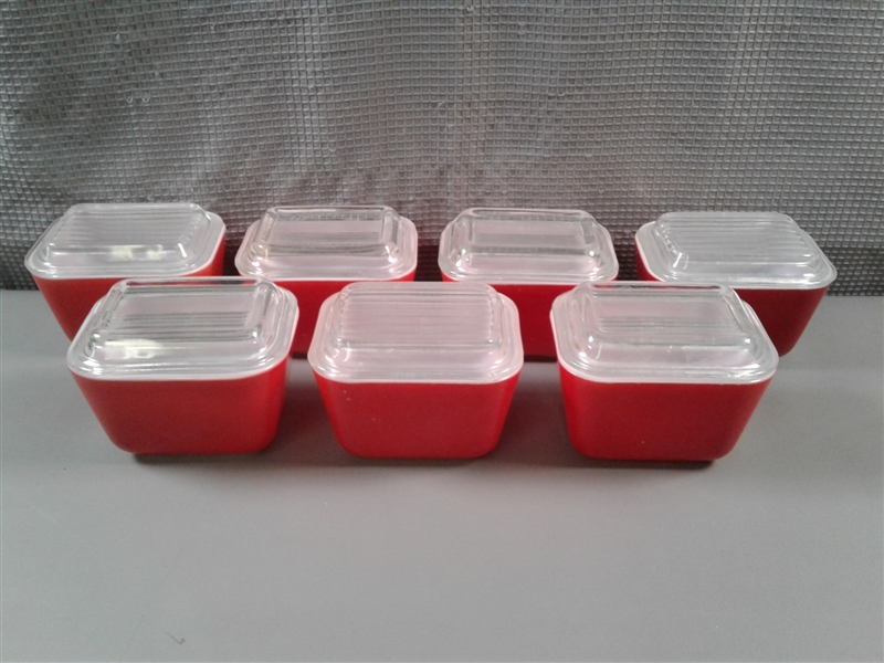 Set of 7 Vintage Pyrex Red Primary Refrigerator Dish Sets with Lids 501