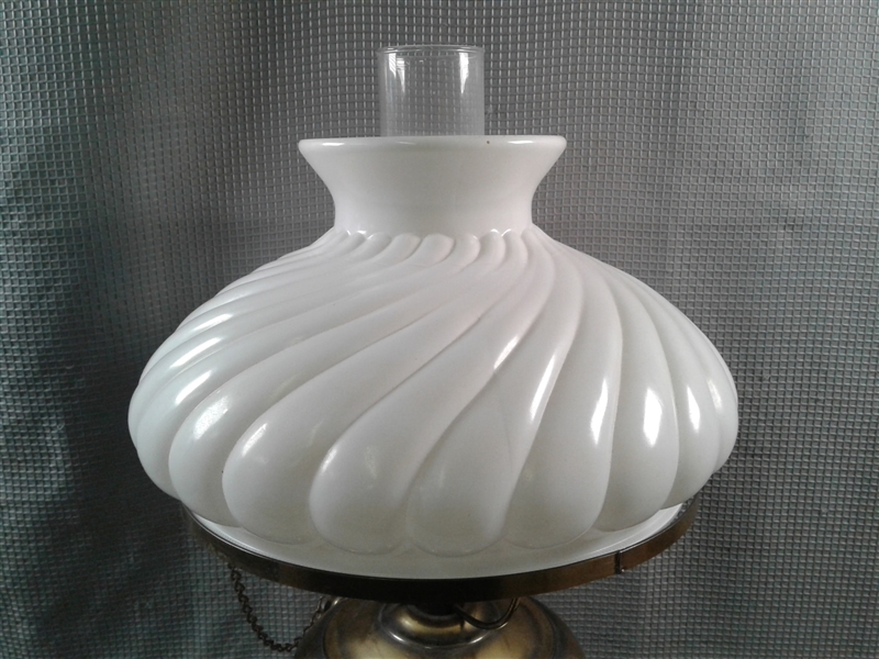 Vintage Brass Table Lamp with Milk Glass Swirl Shade