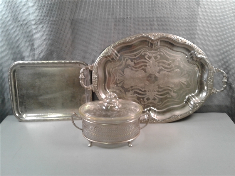 Metal Serving Trays & Pyrex Oval Casserole with Metal Cradle