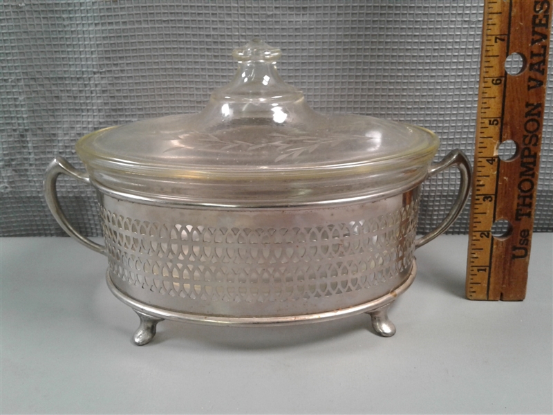 Metal Serving Trays & Pyrex Oval Casserole with Metal Cradle