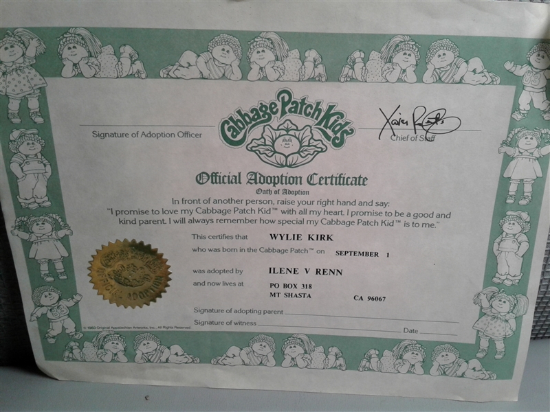 Vintage Doll Trunk, Doll Clothes, and Cabbage Patch Adoption Certificate