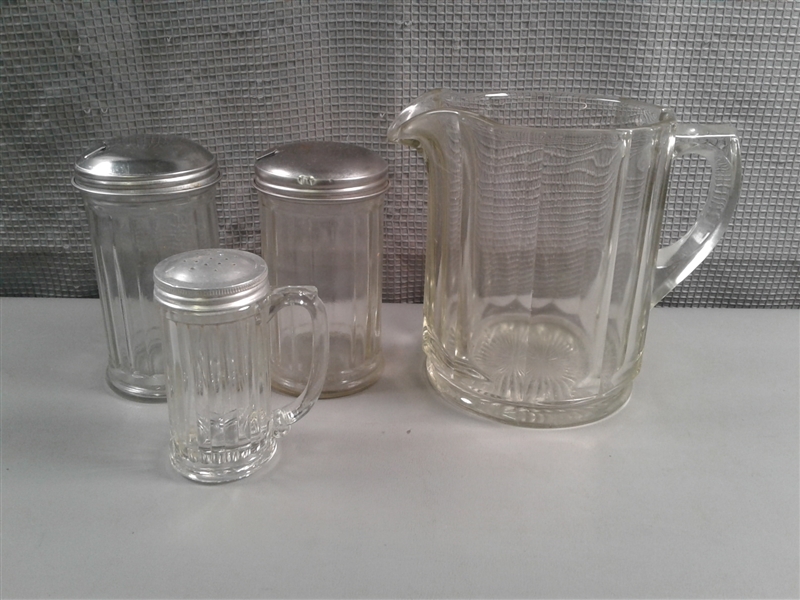 Vintage Glassware- Salt Shaker, Sugar Dispensers, & Pitcher