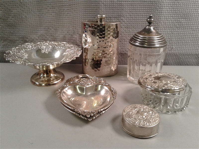 Vintage Items- Silverplate Footed Dish, Collapsible Cup, Etched Glass Lidded Container, etc