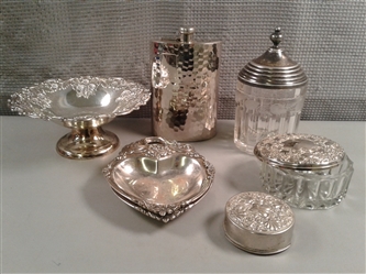 Vintage Items- Silverplate Footed Dish, Collapsible Cup, Etched Glass Lidded Container, etc