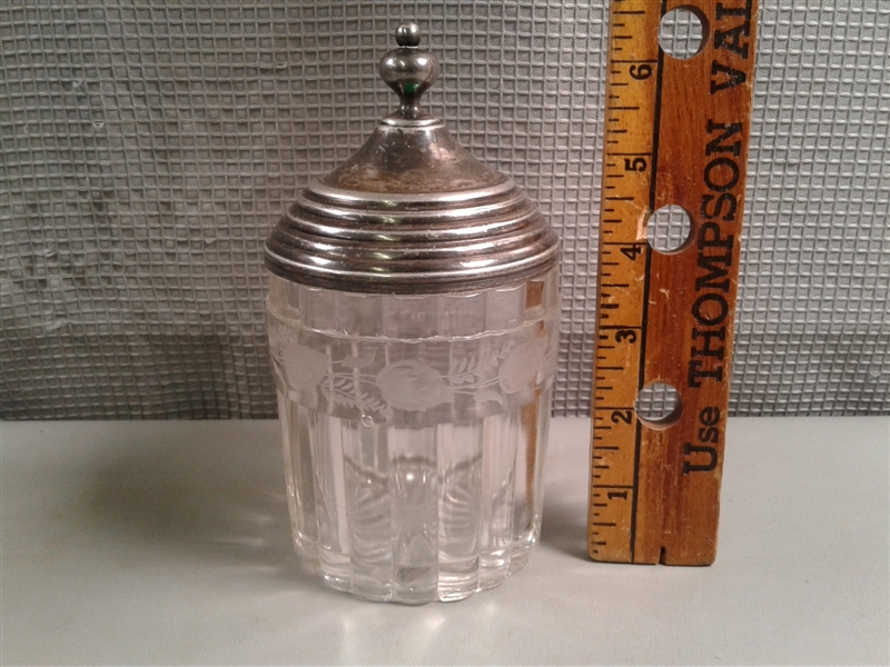 Vintage Items- Silverplate Footed Dish, Collapsible Cup, Etched Glass Lidded Container, etc