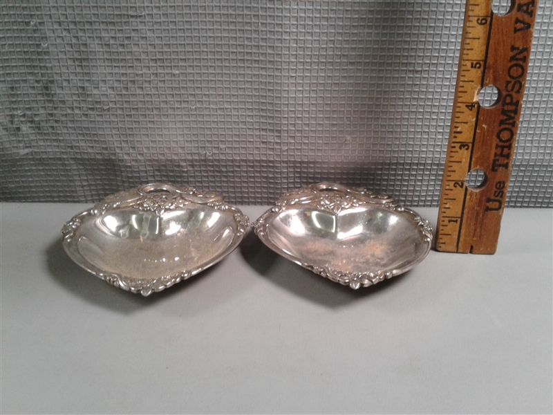 Vintage Items- Silverplate Footed Dish, Collapsible Cup, Etched Glass Lidded Container, etc