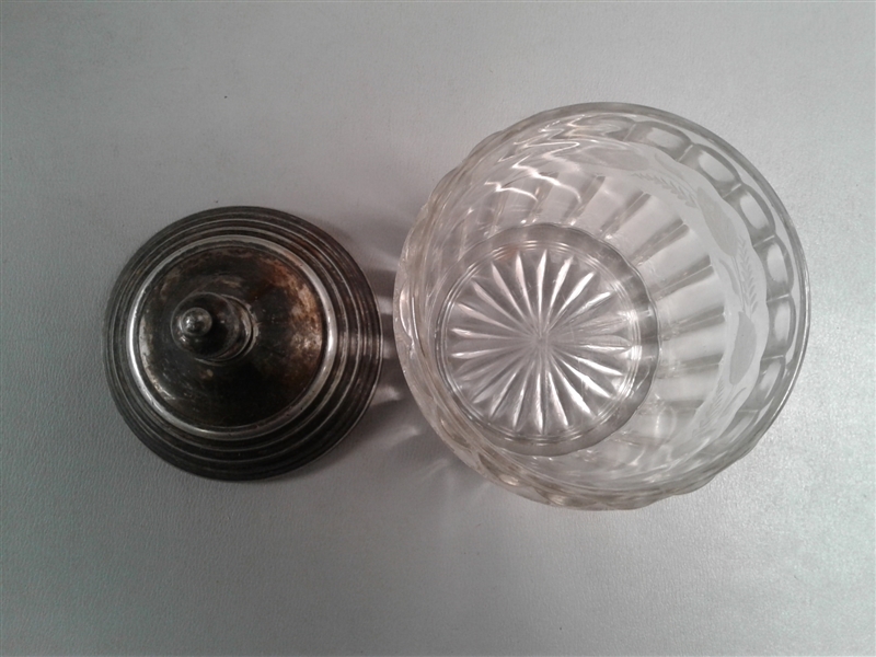 Vintage Items- Silverplate Footed Dish, Collapsible Cup, Etched Glass Lidded Container, etc