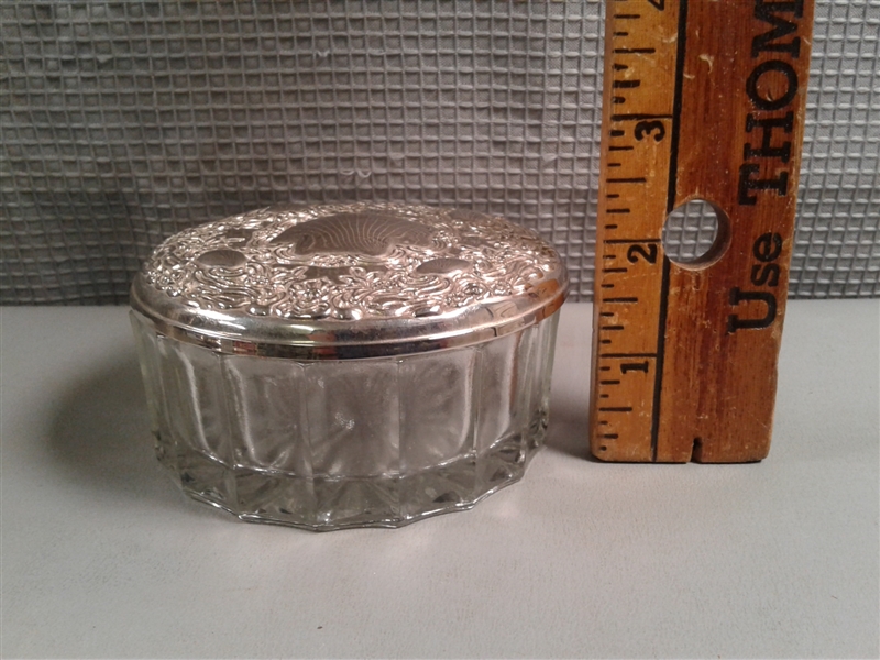 Vintage Items- Silverplate Footed Dish, Collapsible Cup, Etched Glass Lidded Container, etc