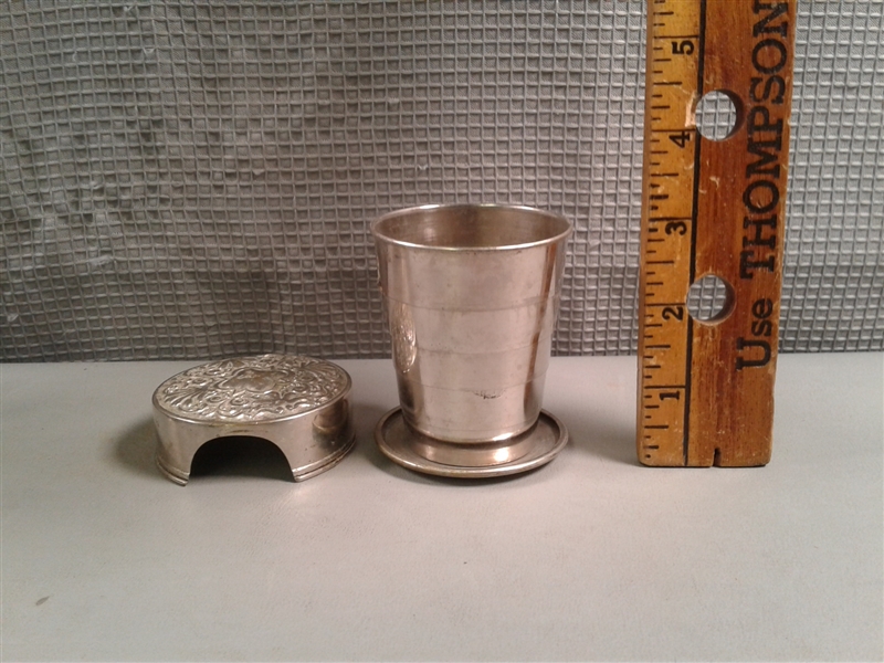 Vintage Items- Silverplate Footed Dish, Collapsible Cup, Etched Glass Lidded Container, etc