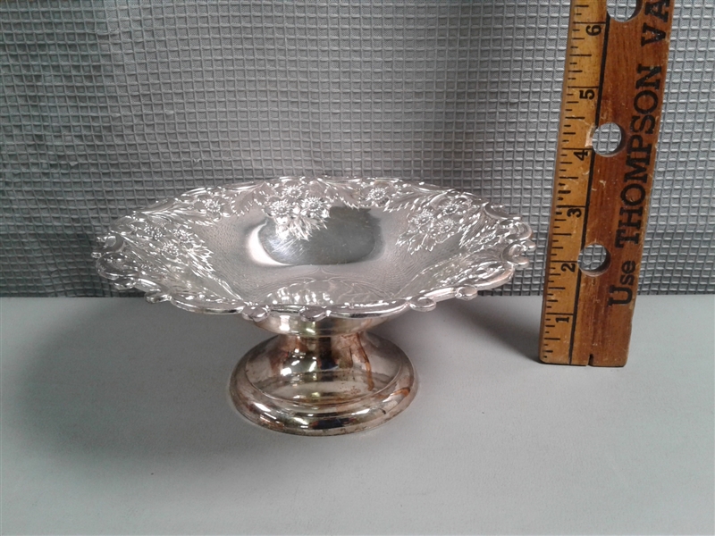 Vintage Items- Silverplate Footed Dish, Collapsible Cup, Etched Glass Lidded Container, etc