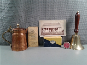 Vintage- Hammered Copper Teapot, School Hand Bell, Slide & Negative Viewer, etc. 