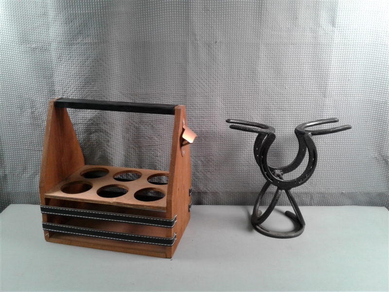 Handmade Horseshoe Wine and Glass Holder & Beer/Bottle Caddy w/Opener