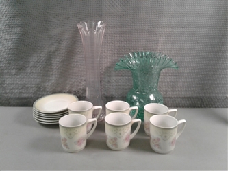 Germany China Cups and Saucers with Purple and Teal Vases