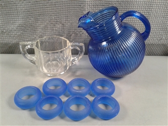 Cobalt Blue Glass Pitcher, Clear Glass Sugar Dish, & Matte Blue Napkin Rings