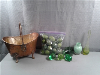 Vintage Vaseline Glass Vase, Clawfoot Tub With Handle, Plastic Limes, Resin Fruit,  etc