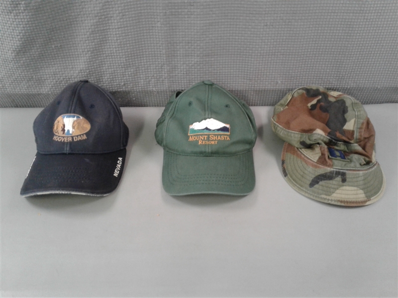 Military Cap, Mt. Shasta, Hoover Dam Hats, Columbia Belt, & Cane