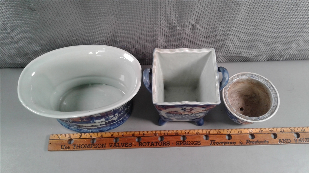 Blue & White Victoria Ware Footbath/Planter & Pots