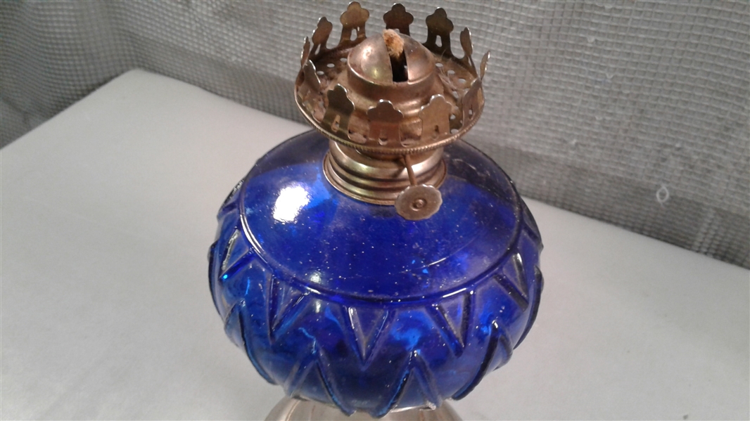 Vintage Cobalt Oil Lamp and Pair of Vases with Gold Trim