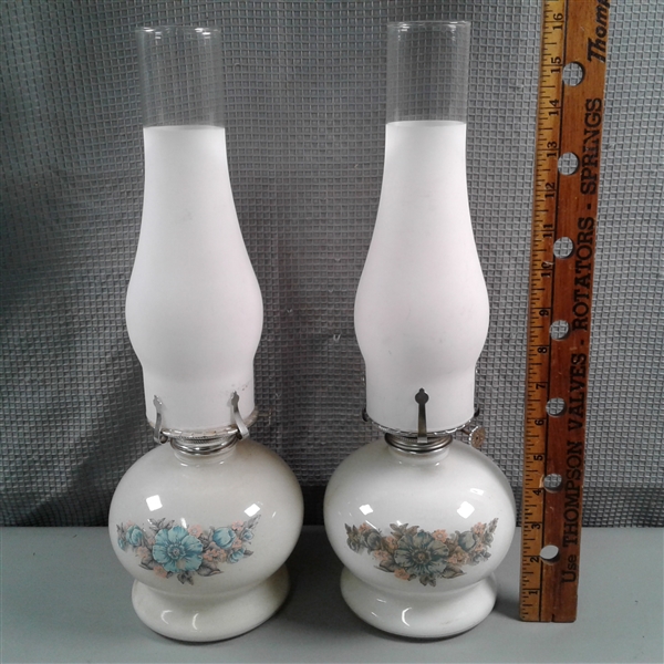Pair of Vintage Floral Oil Lamps