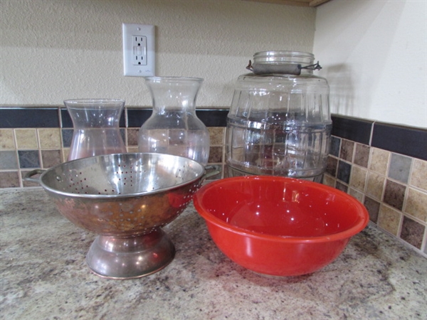 VASES, JAR, MIXING BOWL & STRAINER