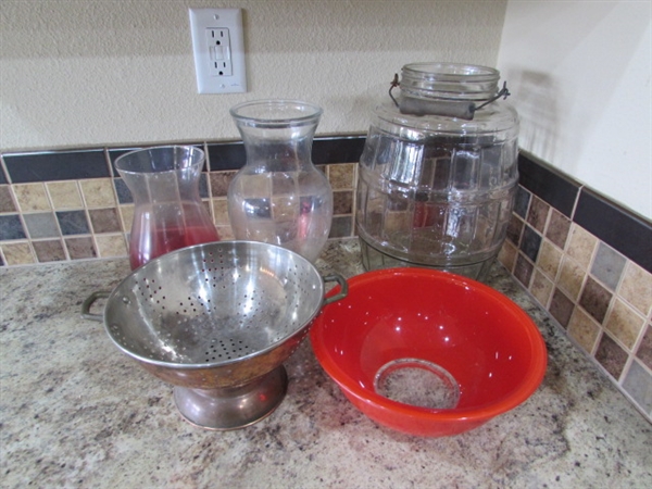 VASES, JAR, MIXING BOWL & STRAINER