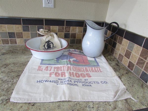 VINTAGE ENAMEL WARE & COTTON SACKS