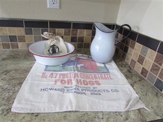 VINTAGE ENAMEL WARE & COTTON SACKS