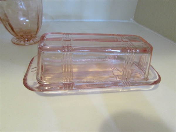 PINK BUTTER DISH & SUGAR & CREAMER