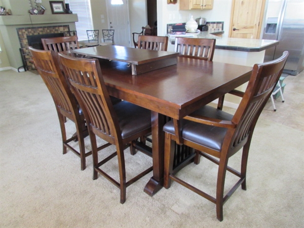 PUB HEIGHT DINING TABLE W/6 CHAIRS & 18 LEAF