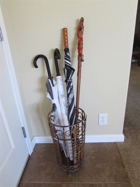 UMBRELLA STAND W/UMBRELLAS & CARVED WOODEN CANE