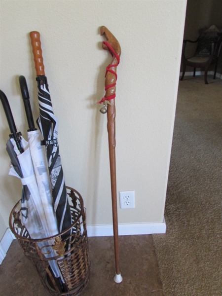 UMBRELLA STAND W/UMBRELLAS & CARVED WOODEN CANE