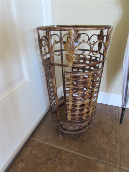 UMBRELLA STAND W/UMBRELLAS & CARVED WOODEN CANE