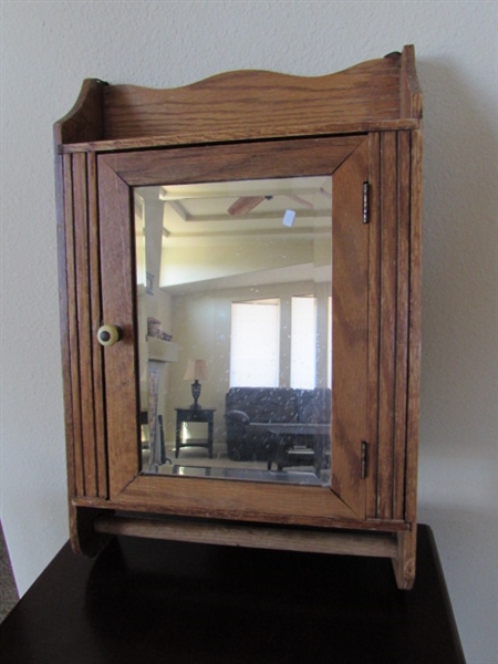 VINTAGE/ANTIQUE WALL MOUNT CABINET WITH BEVELED MIRROR & TOWEL BAR