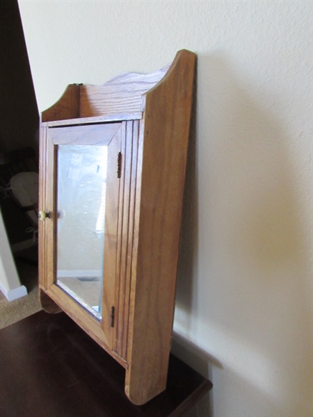 VINTAGE/ANTIQUE WALL MOUNT CABINET WITH BEVELED MIRROR & TOWEL BAR