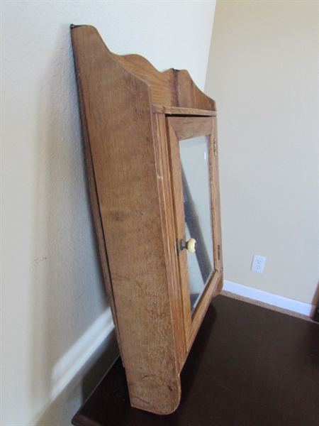 VINTAGE/ANTIQUE WALL MOUNT CABINET WITH BEVELED MIRROR & TOWEL BAR