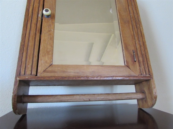 VINTAGE/ANTIQUE WALL MOUNT CABINET WITH BEVELED MIRROR & TOWEL BAR