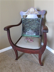 ANTIQUE ARM CHAIR W/NEEDLEPOINT SEAT