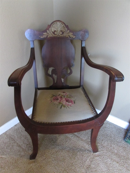 ANTIQUE ARM CHAIR W/NEEDLEPOINT SEAT