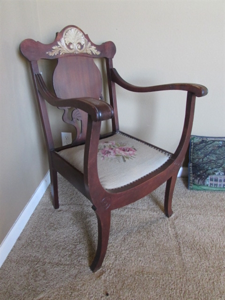 ANTIQUE ARM CHAIR W/NEEDLEPOINT SEAT