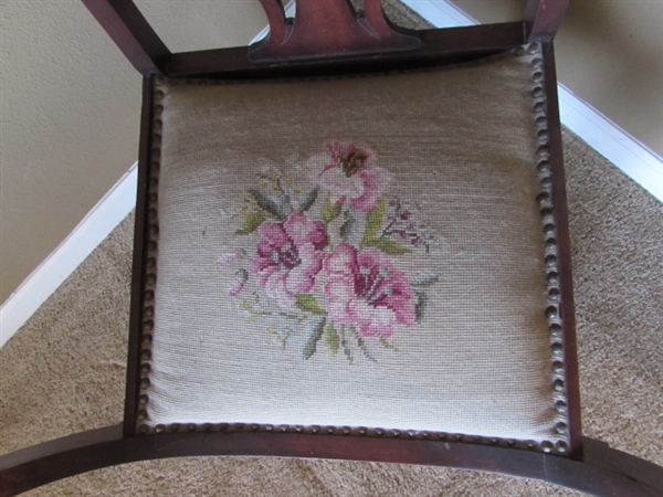 ANTIQUE ARM CHAIR W/NEEDLEPOINT SEAT