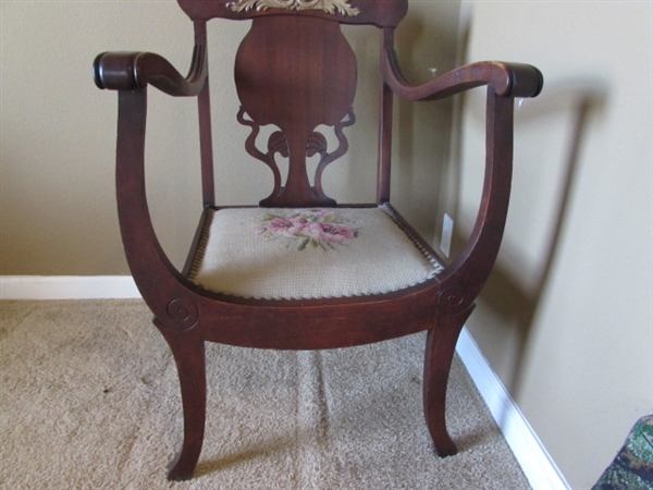 ANTIQUE ARM CHAIR W/NEEDLEPOINT SEAT