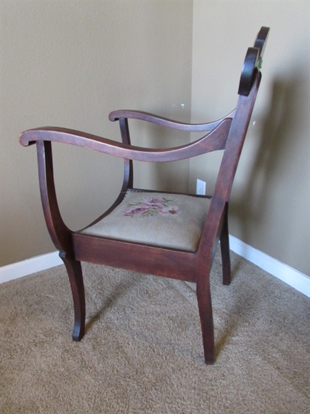 ANTIQUE ARM CHAIR W/NEEDLEPOINT SEAT