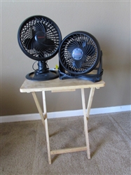 WOOD TV TRAY & 2 TABLE FANS