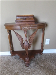 ANTIQUE 1/2 ROUND HAND CARVED WOOD ACCENT TABLE & TRINKET BOX