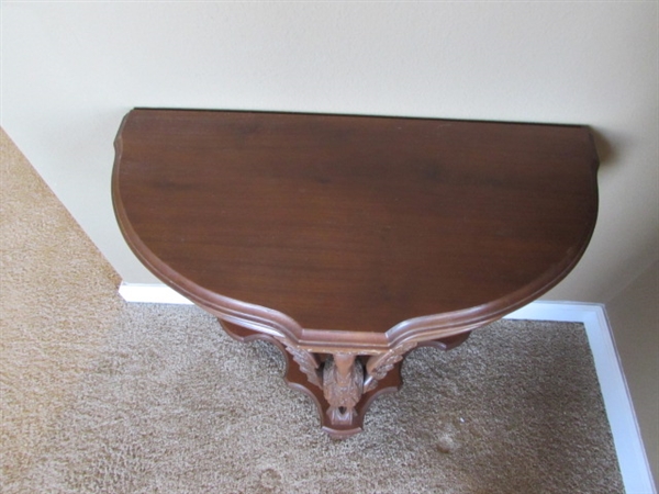 ANTIQUE 1/2 ROUND HAND CARVED WOOD ACCENT TABLE & TRINKET BOX