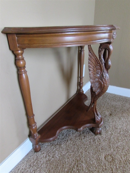 ANTIQUE 1/2 ROUND HAND CARVED WOOD ACCENT TABLE & TRINKET BOX