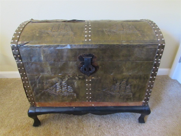 VINTAGE FOIL EMBOSSED DOME TRUNK WITH WOODEN STAND