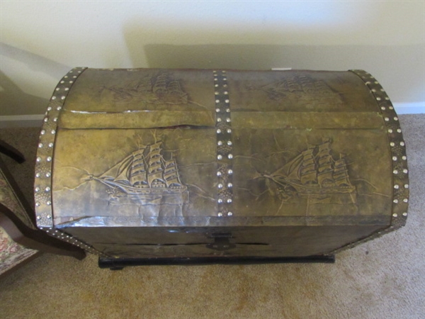 VINTAGE FOIL EMBOSSED DOME TRUNK WITH WOODEN STAND