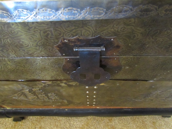 VINTAGE FOIL EMBOSSED DOME TRUNK WITH WOODEN STAND