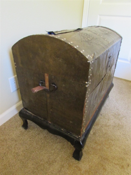 VINTAGE FOIL EMBOSSED DOME TRUNK WITH WOODEN STAND